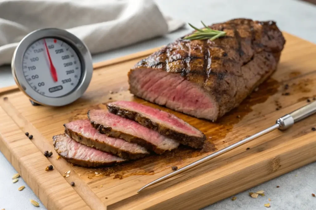 Slicing cooked flank steak against the grain.