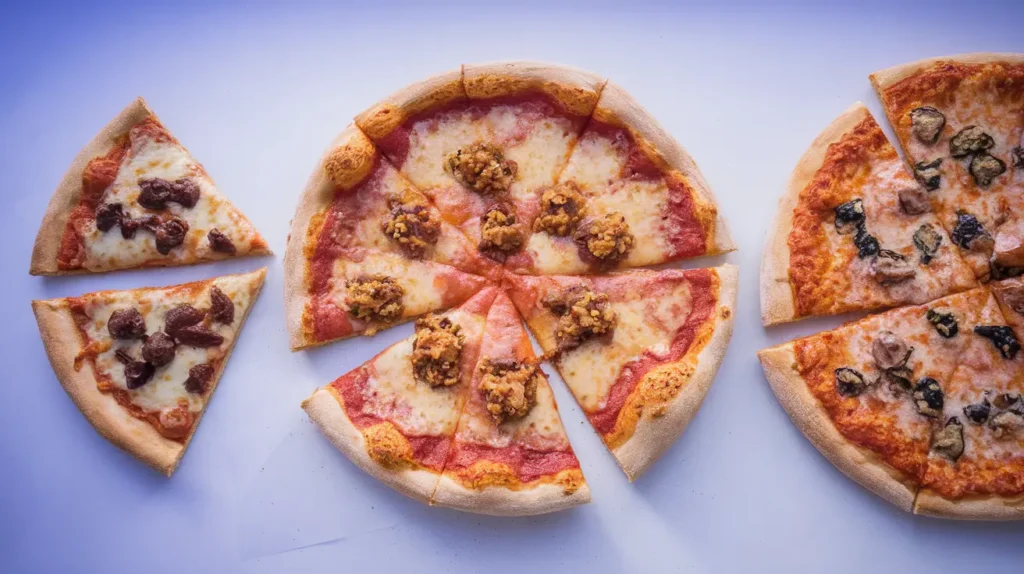 Comparison of a 10-inch pizza, 12-inch pizza, and 14-inch pizza side by side on a white background.