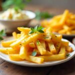 Fresh potatoes with herbs on a rustic wooden table, highlighting their nutritional value.