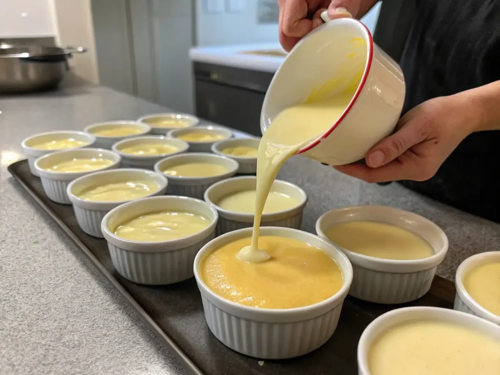 Custard being poured into ramekins for making crème brûlée, focusing on smoothness and neat arrangement.