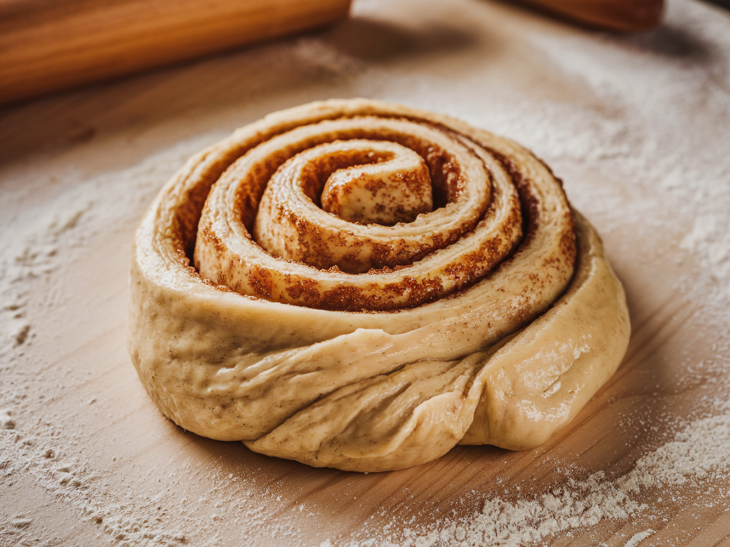 Soft cinnamon roll dough being kneaded on a floured surface.