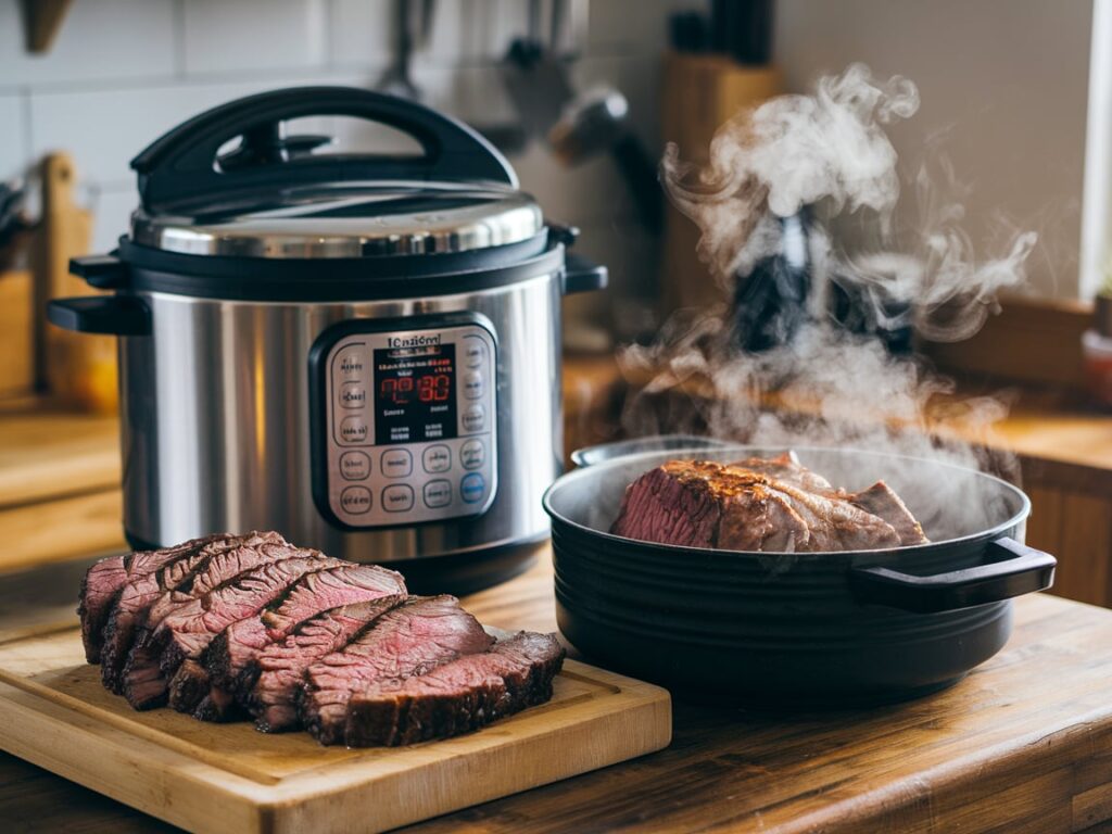 Pressure cooker with tender beef brisket slices on a cutting board in a kitchen.
