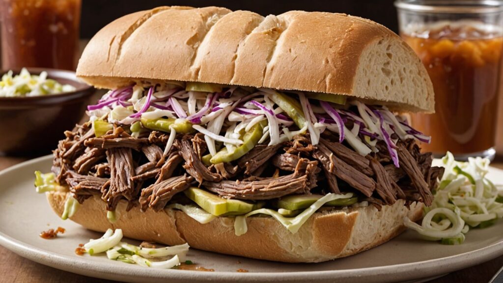 Shredded beef sandwich with BBQ sauce and coleslaw.