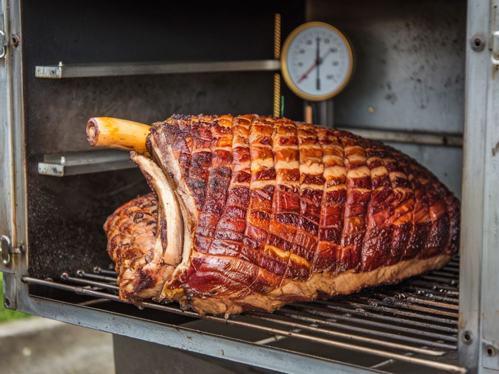 Smoked beef brisket with a golden crust cooking hot-and-fast in a backyard smoker.