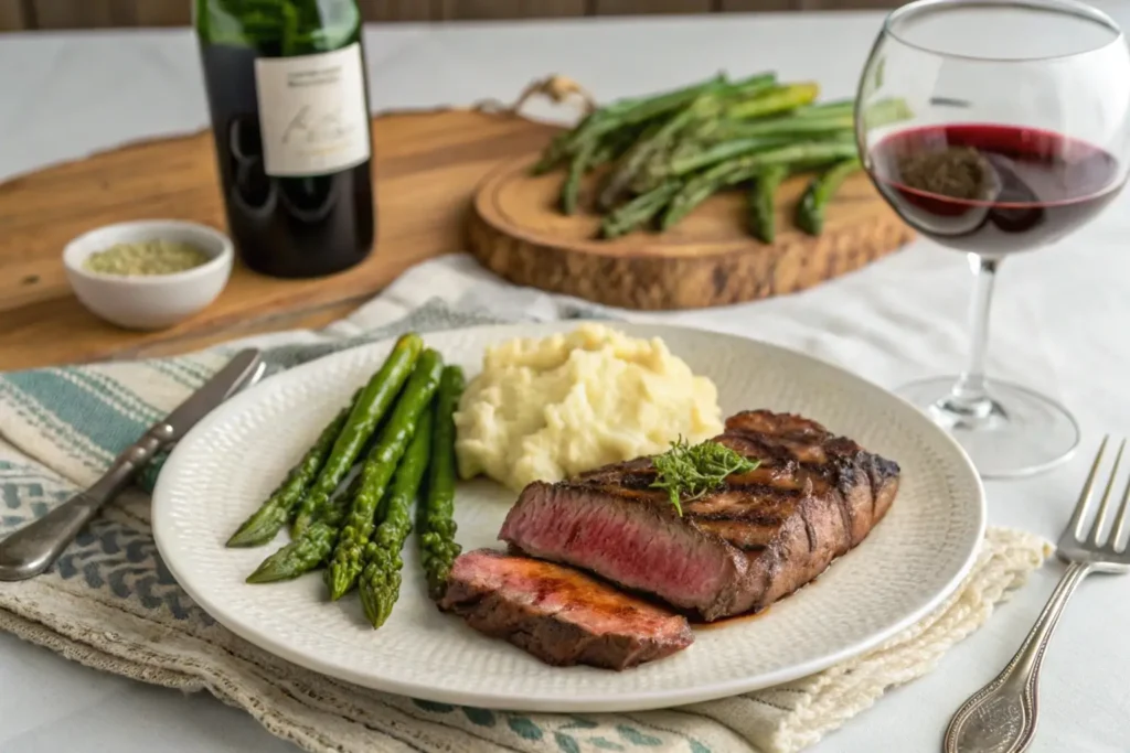 Ranch steak served with asparagus, mashed potatoes, and red wine.