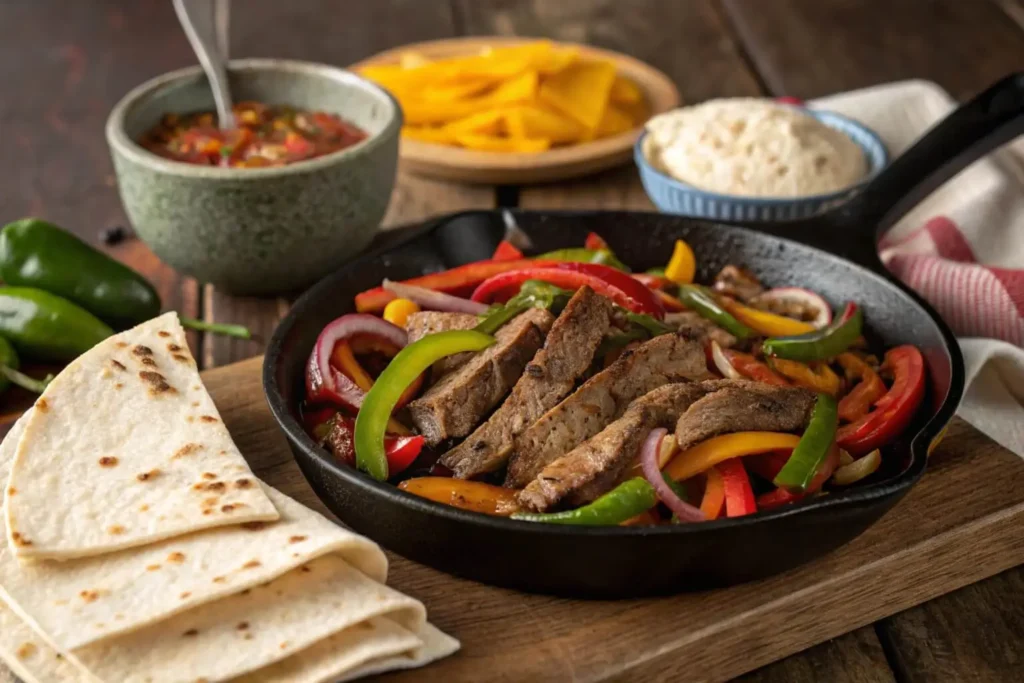 Colorful fajitas with sliced beef, peppers, and onions in a skillet.