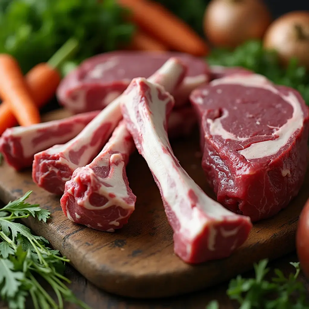 Close-up of raw beef bones with marrow, surrounded by fresh vegetables like carrots, celery, and onions on a wooden surface.