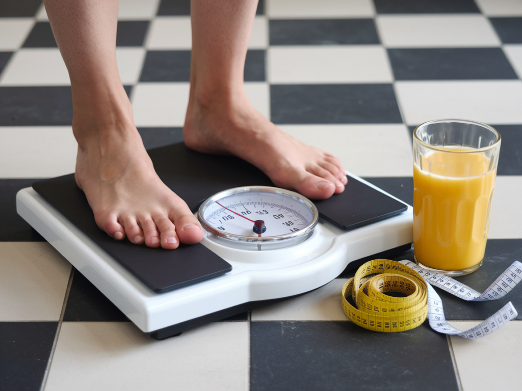 A scale with feet stepping on it, a glass of juice, and a measuring tape, highlighting realistic weight loss during a cleanse.