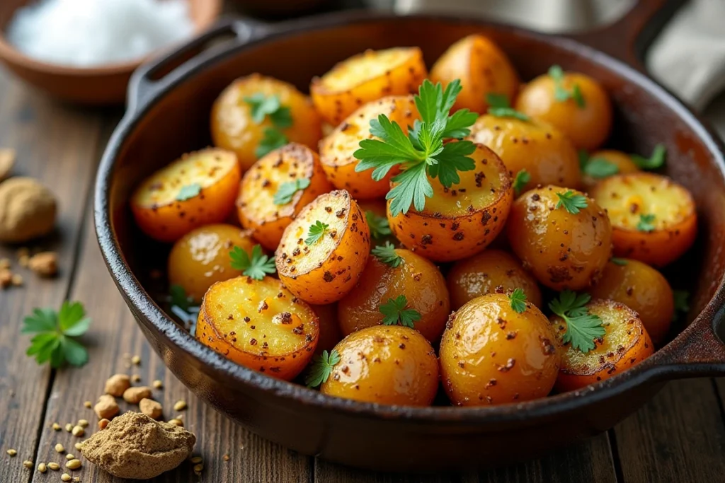 Golden roasted potatoes garnished with coriander, served in a cast-iron pan with cumin seeds and rock salt.