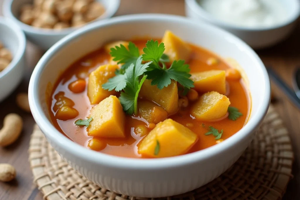 Potato and Peanut Curry with coconut milk and coriander in a white bowl, perfect for fasting