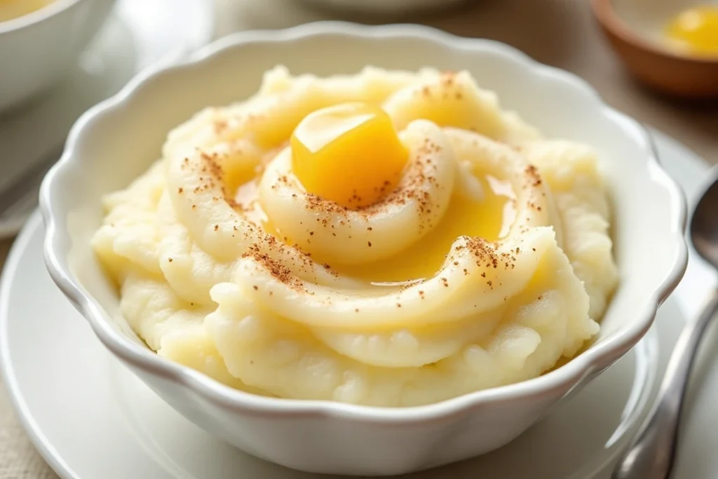 Mashed potatoes with coconut milk, nutmeg, and ghee served in a white bowl; a fasting recipe.