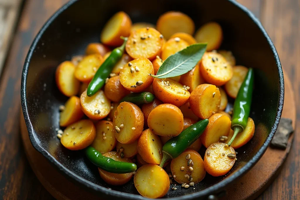 Potato stir-fry with cumin, green chilies, and curry leaves in a black skillet; fasting-friendly dish.