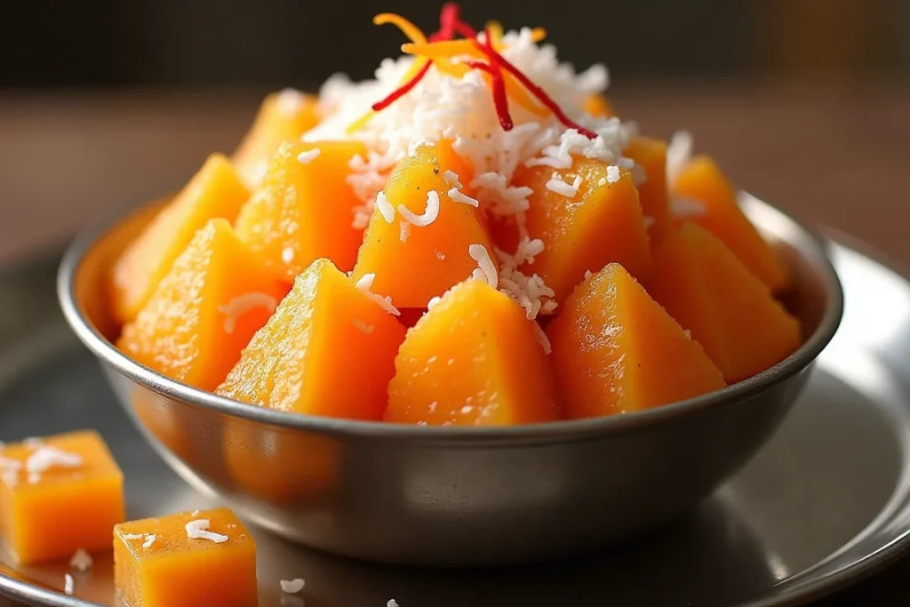 Sweet potato dessert with coconut and saffron on a silver plate, a delicious fasting sweet dish.