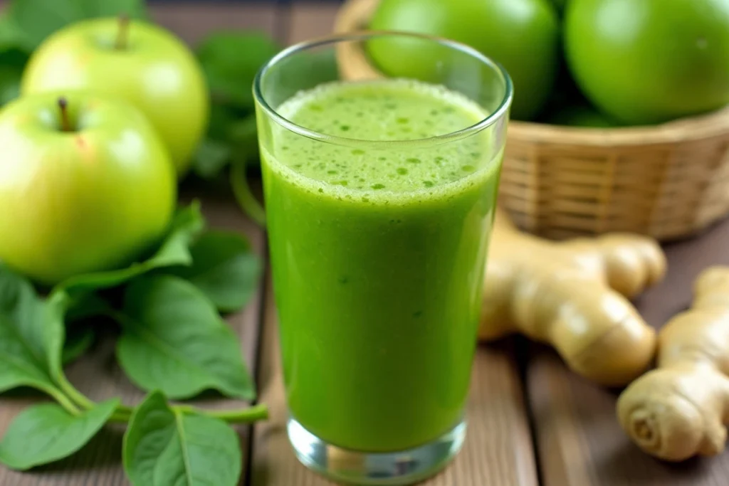 A refreshing glass of green juice surrounded by fresh ingredients like spinach, apples, and ginger on a wooden table.