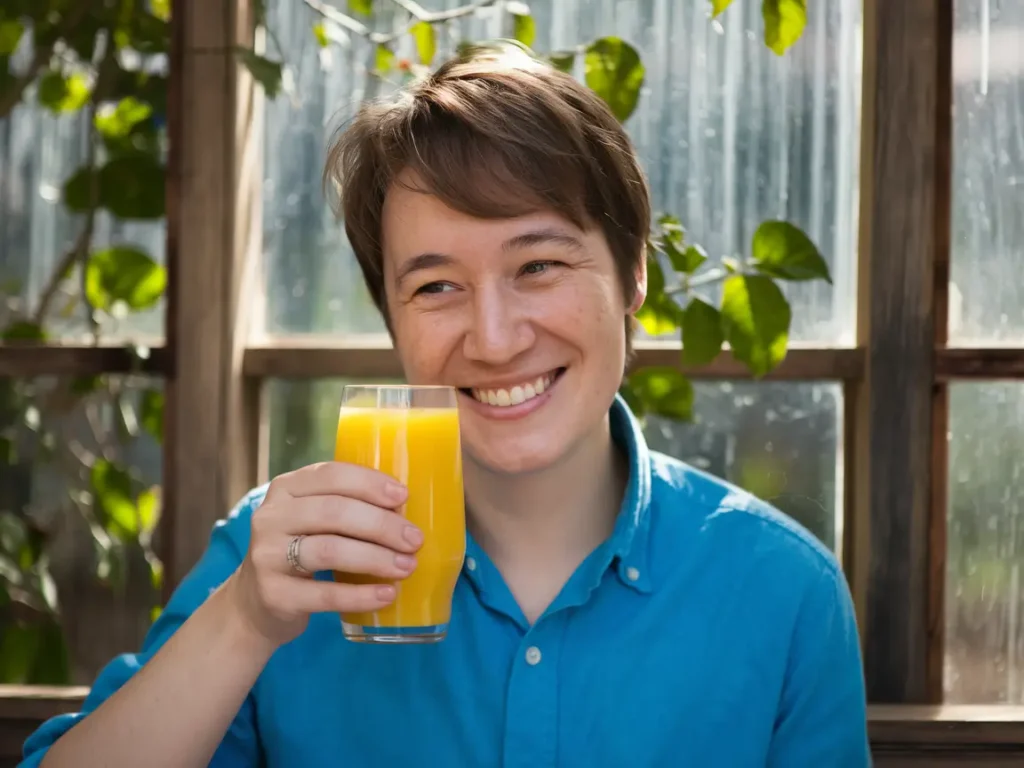 A smiling person enjoying a glass of orange juice, representing the positive energy gained during a juice fast.
