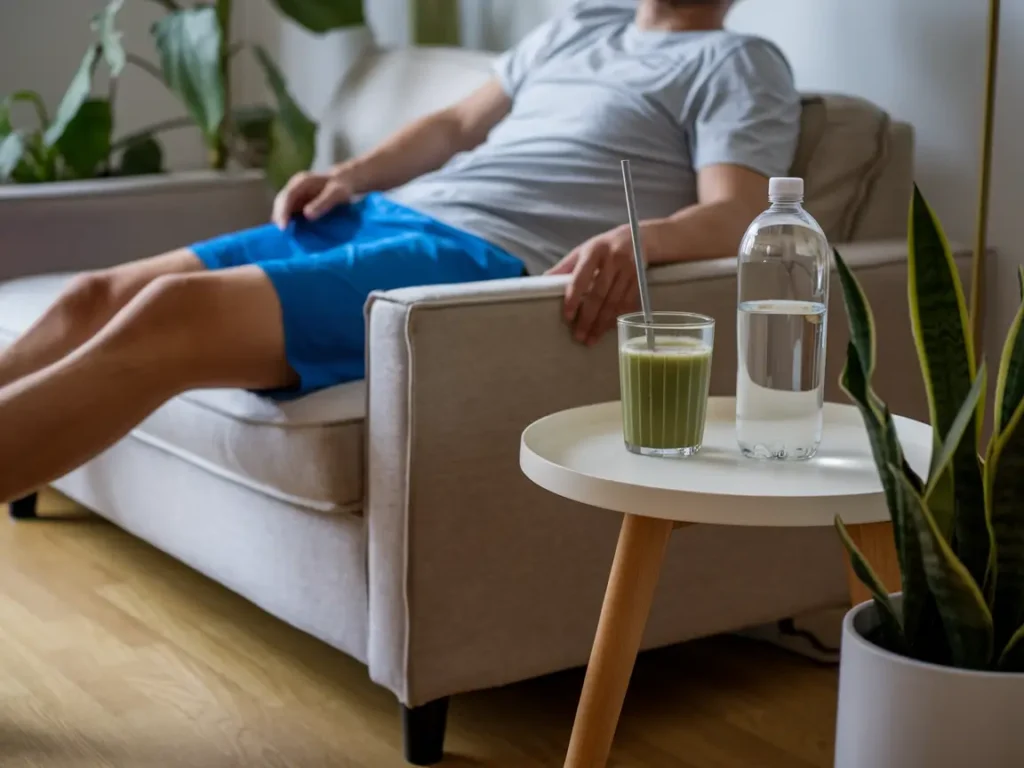 A person taking a break with juice and water nearby, illustrating self-care during detox symptoms in a juice fast.
