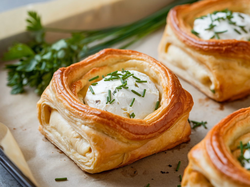 Golden puff pastry stuffed with herb-infused cream cheese filling on a tray.