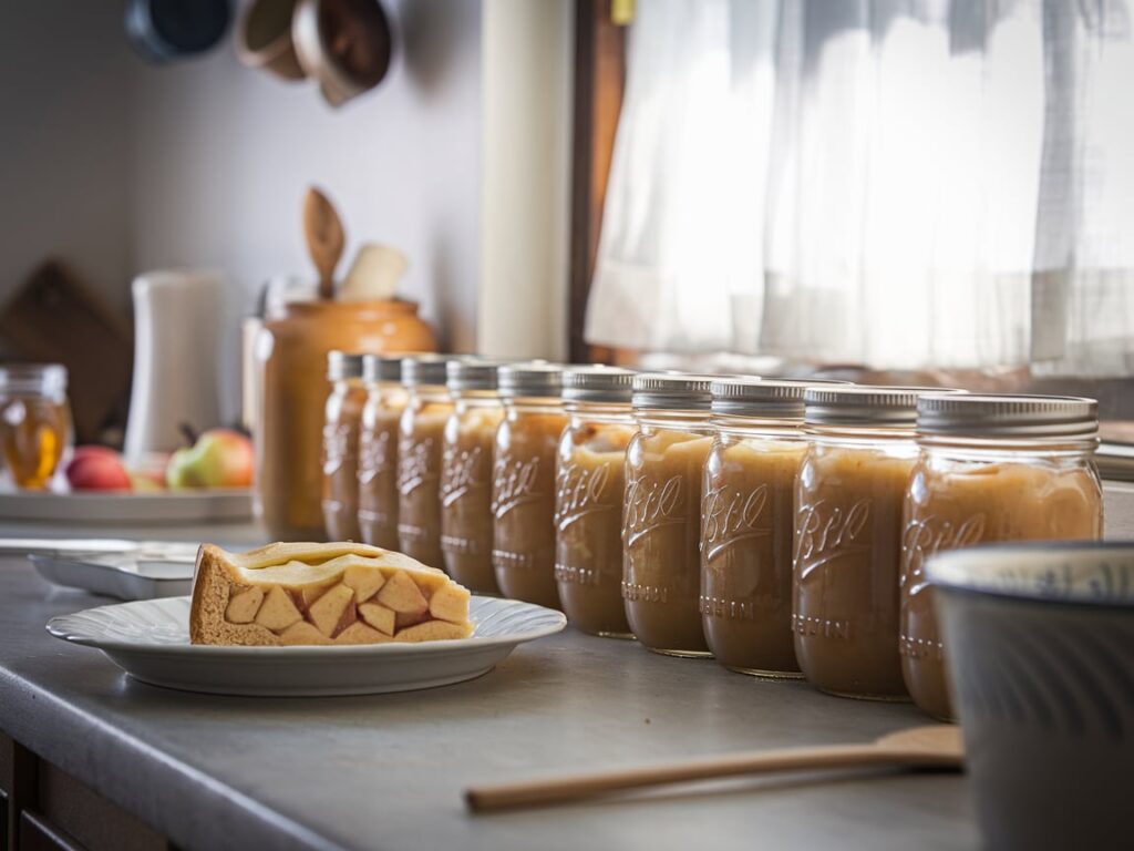 A row of sealed mason jars filled with golden apple pie filling on a kitchen counter.