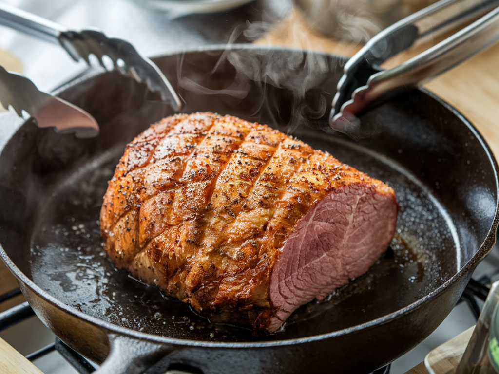  Close-up of a seasoned brisket being seared in a skillet with golden-brown crust forming.