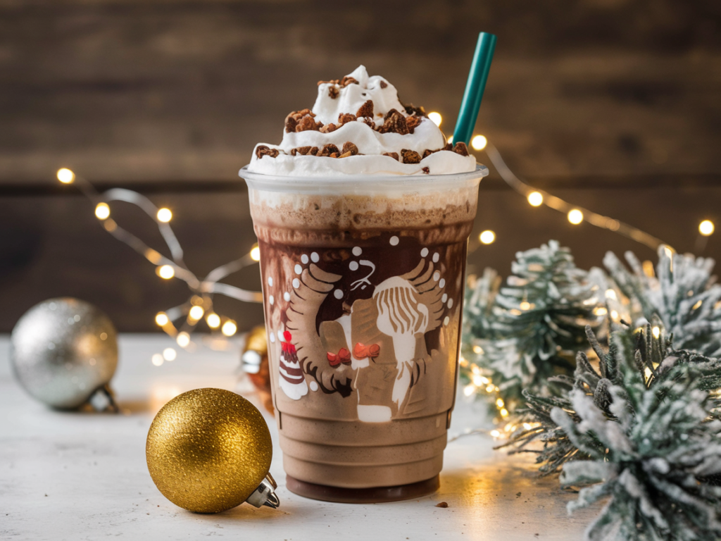 A holiday-themed Mocha Cookie Crumble Frappuccino with whipped cream and cookie crumbles.