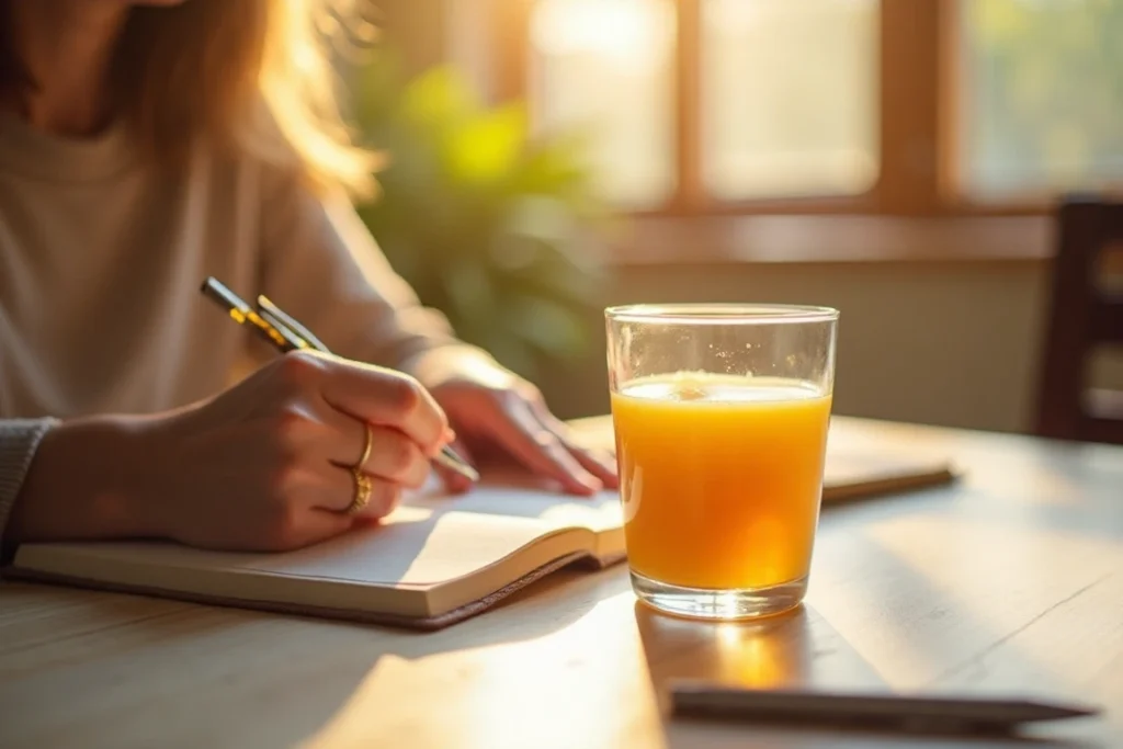 A person holding a glass of juice with a journal and pen on the table, reflecting on their juice fast progress.