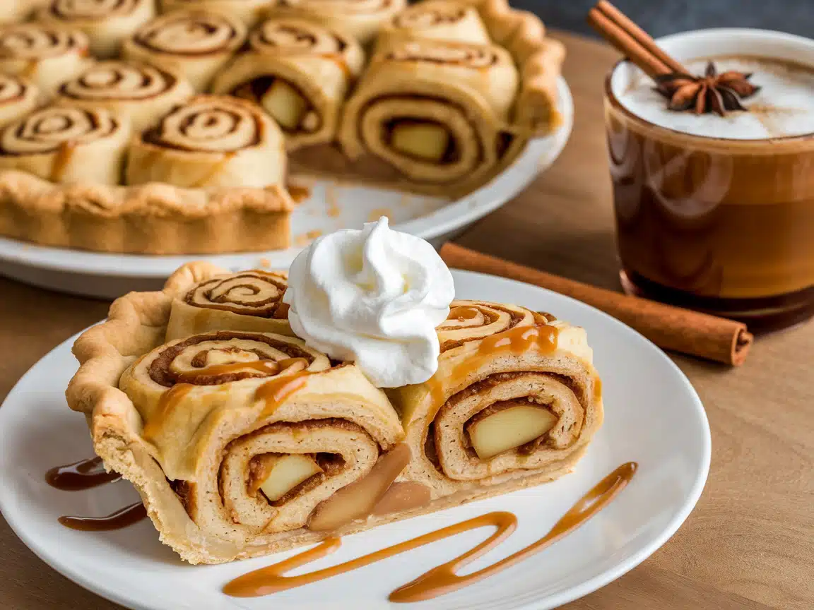 A slice of cinnamon roll apple pie with caramel and whipped cream served with coffee.