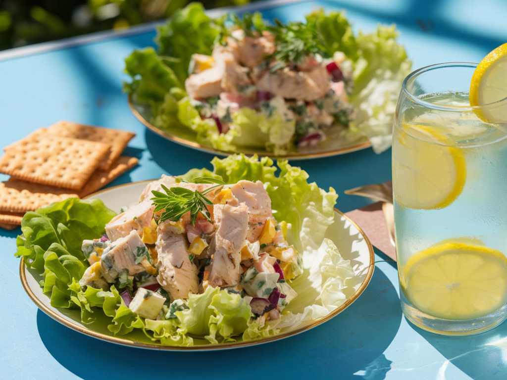 Chicken salad served on lettuce wraps with crackers and lemonade on a table.