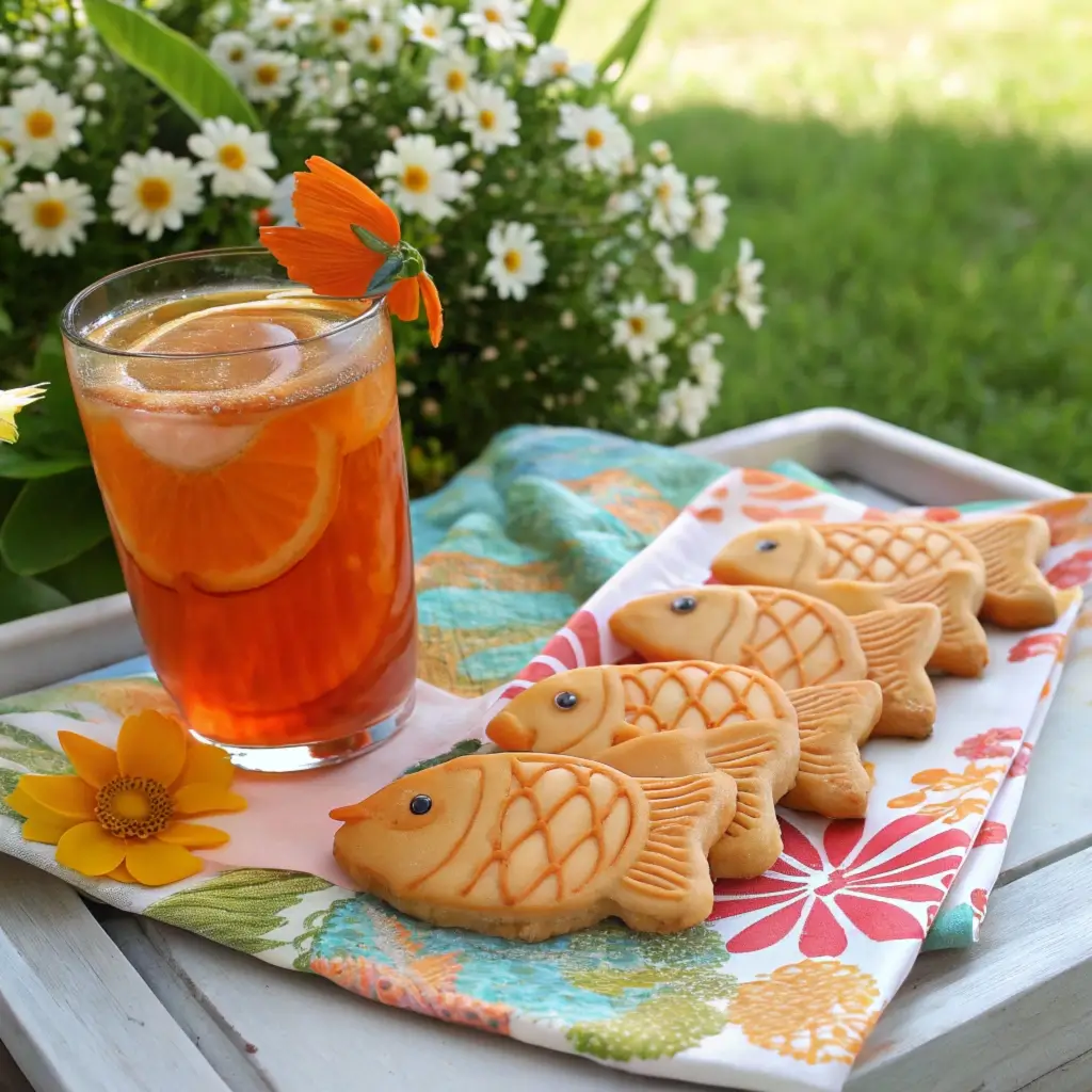 Orange fish cookies paired with a refreshing glass of iced orange tea in a garden setting.