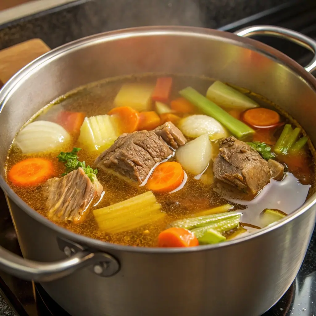 A pot of beef bone broth simmering with marrow bones, vegetables, and fresh herbs.