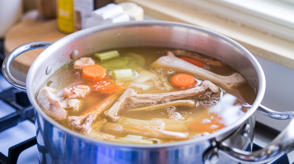 Simmering chicken bone broth in a pot on the stove.