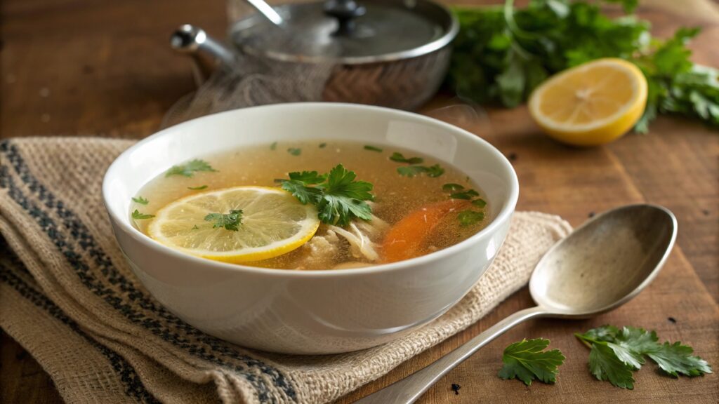 Sipping Broth Garnished With Parsley And Lemon Chicken Bone Broth Recipe