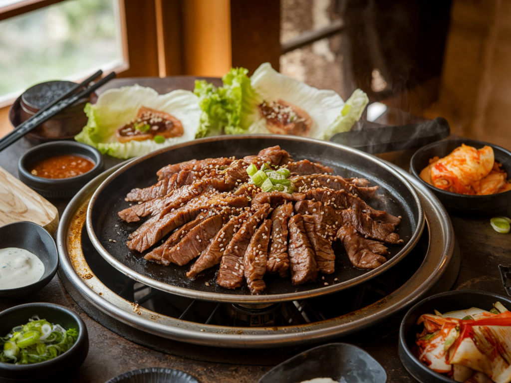 A sizzling platter of Bulgogi beef garnished with sesame seeds, served with lettuce wraps and Korean side dishes like kimchi.