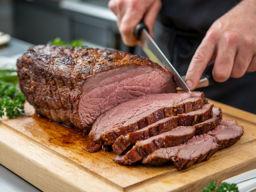 Cooked beef brisket resting on a cutting board as a chef slices it against the grain."
