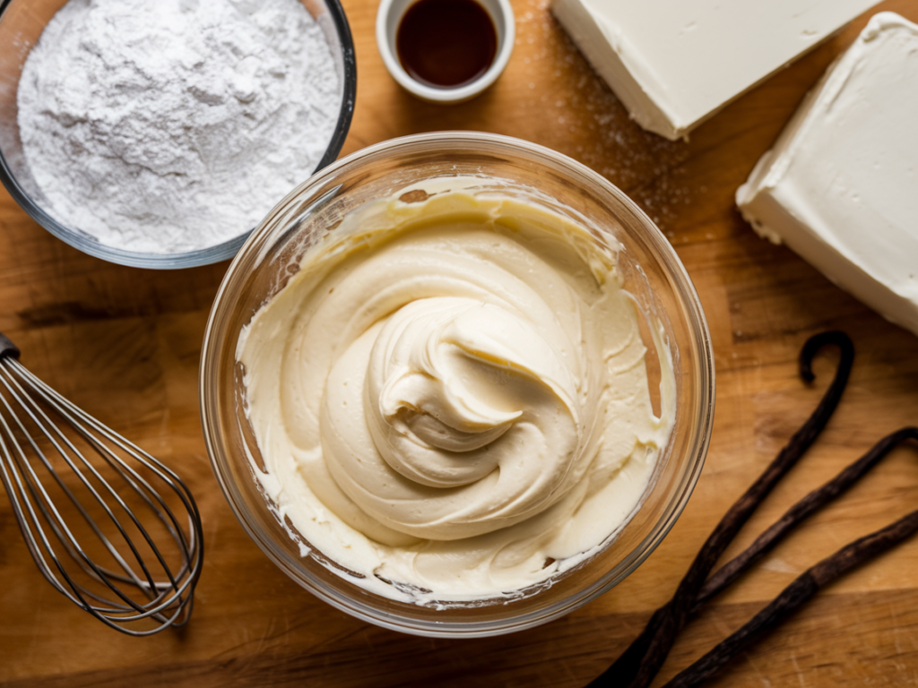 Cream cheese filling in a glass bowl with ingredients on a kitchen counter.