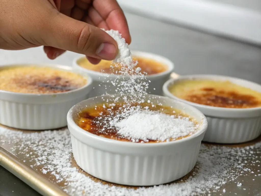 Hand sprinkling sugar over chilled crème brûlée custards, preparing them for caramelization.