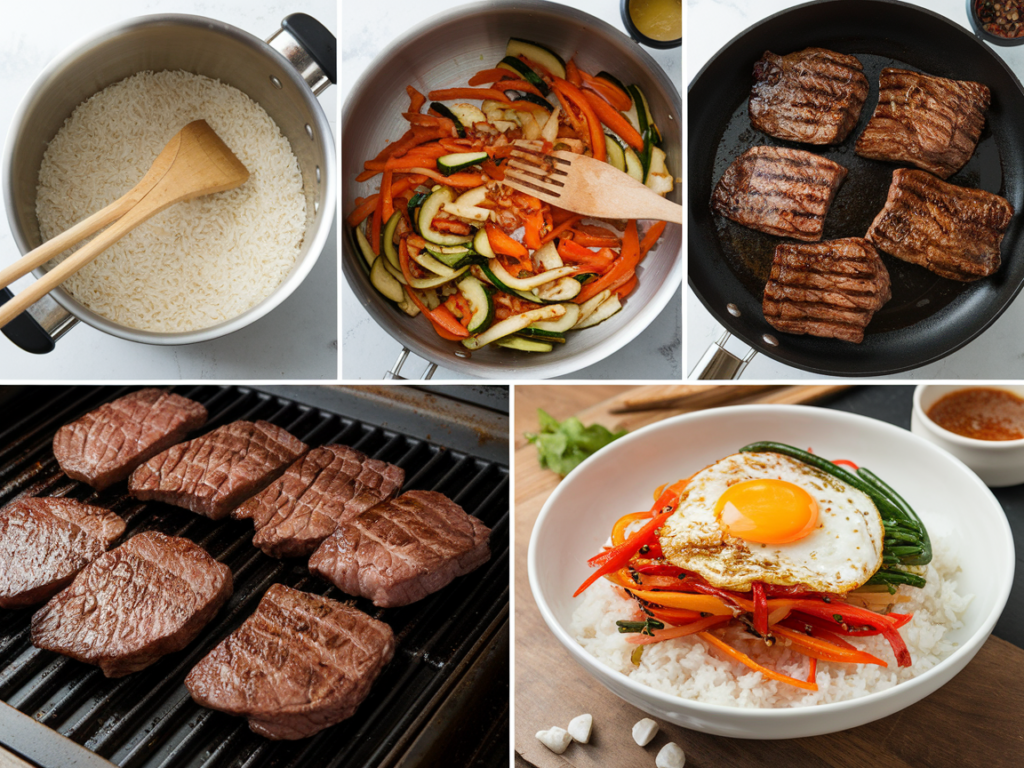 Preparation of bibimbap: sautéed vegetables, marinated beef, and steamed rice.