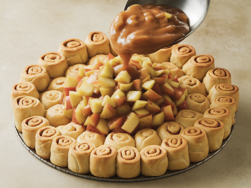  Flattened cinnamon rolls in a pie dish with apple pie filling being added.