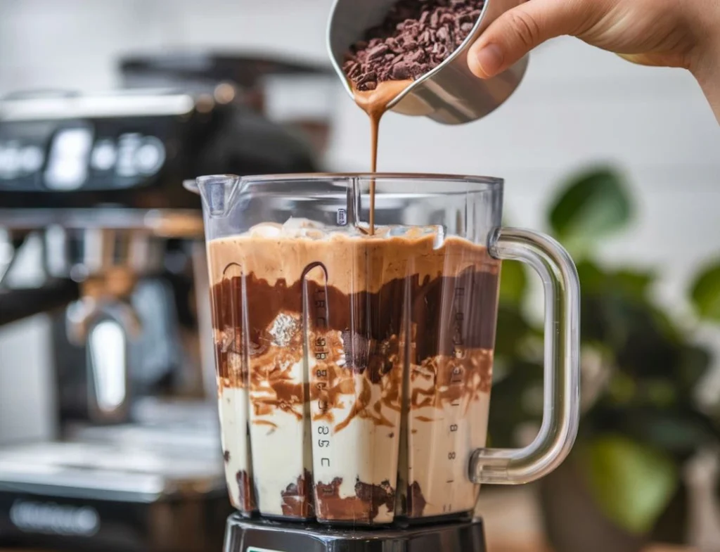 Making mocha cookie crumble frappuccino: blending chocolate syrup, milk, espresso, and crushed cookies