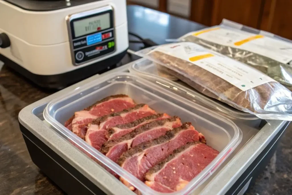 Flank steak stored in a container for freezing.