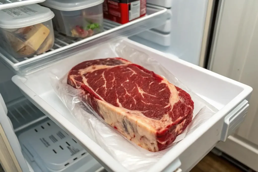 Vacuum-sealed steak labeled and stored in a freezer.