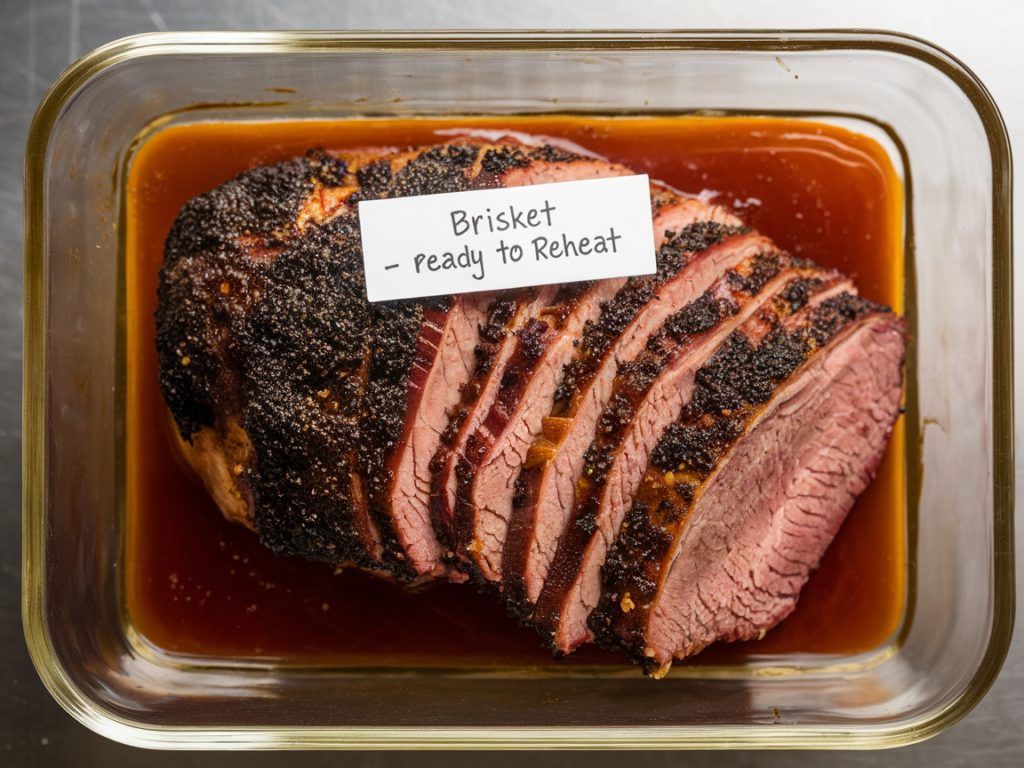 Sliced brisket stored in a glass container with cooking juices to preserve moisture.