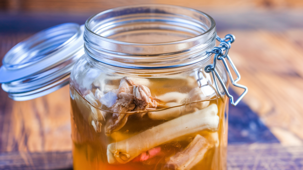 Strained and clear chicken bone broth in a glass jar.