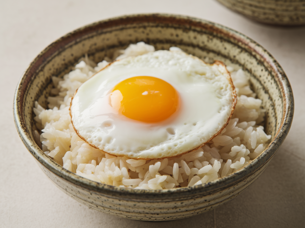 A sunny-side-up egg with a golden yolk on a bed of fluffy white rice.