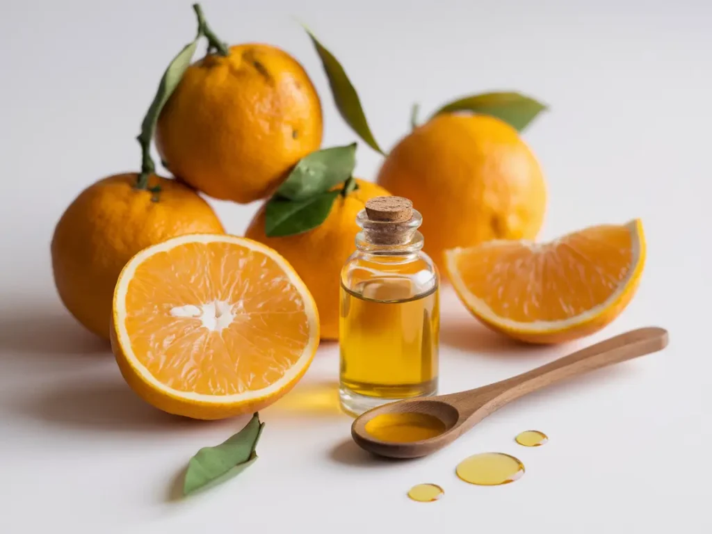 Fresh bergamot oranges with a bottle of bergamot oil on a white background.