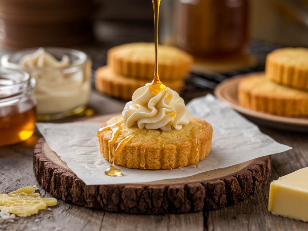 A rustic Cornbread Cookie with honey frosting and drizzle, surrounded by baking ingredients like honey and cornmeal.