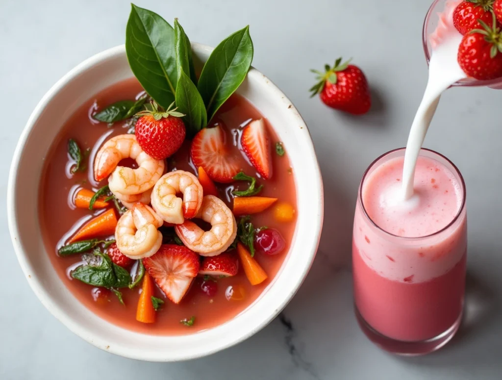 A finished pink drink in a tall glass, garnished with fresh strawberries and served on a wooden table with sunlight.