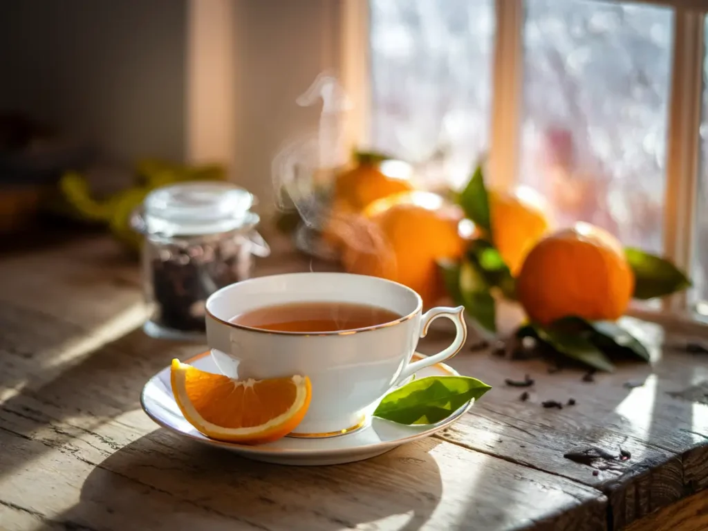 A steaming cup of Earl Grey tea with bergamot oranges and loose tea leaves on a wooden table.