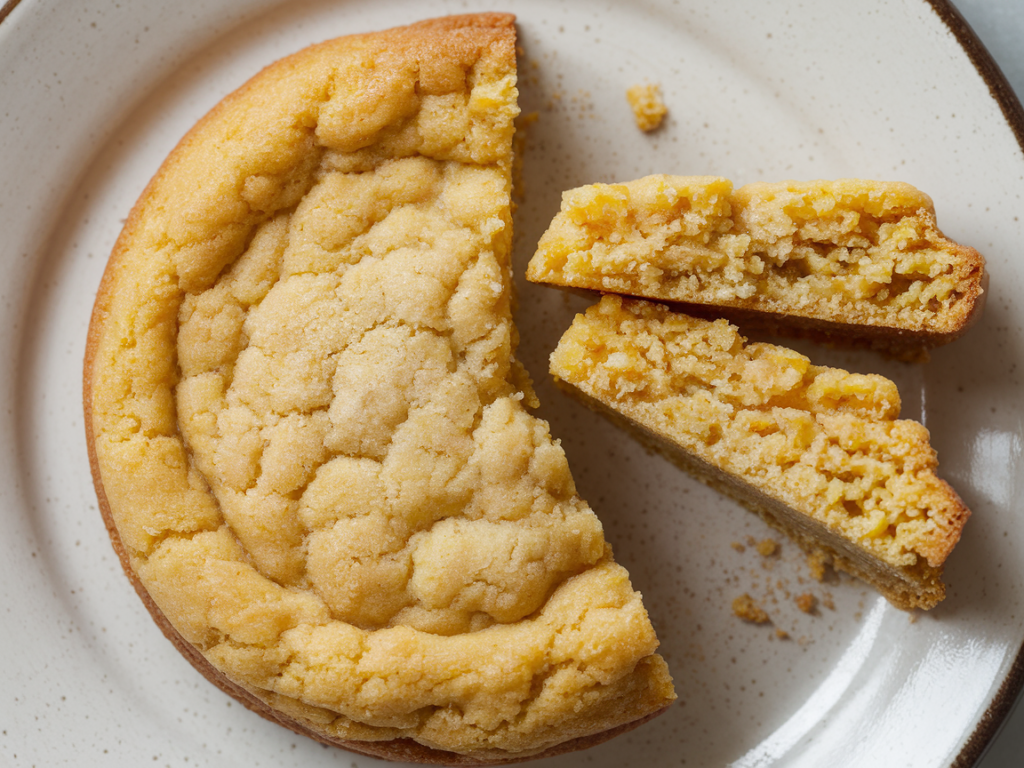 Sliced cookie on a plate, showing its soft center and textured cornmeal base.