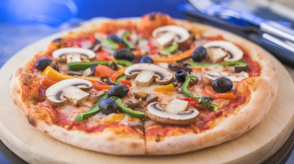 Thin-crust 10-inch pizza with mushrooms, bell peppers, and olives on a round wooden board.