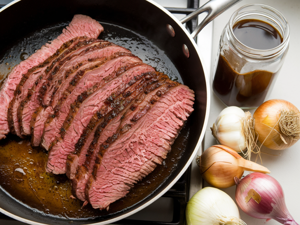 Thinly sliced brisket cooking in a skillet with garlic and onions on a stovetop